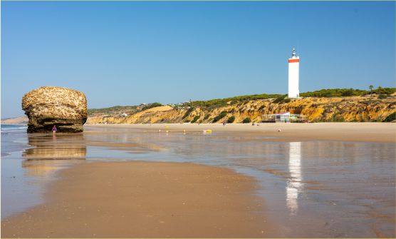 Hermosa playa de Matalascañas con una gran extensión de arena y una enorme roca en la orilla. Al fondo se ve un gran faro blanco con una franja naranja en la parte superior. 