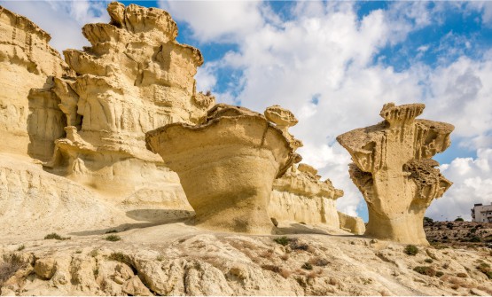 Formaciones areniscas de miles de años esculpidas por el mar, la arena y el viento en la playa de Bolnuevo, formando enormes esculturas, algunas de éllas en forma de champiñón, moldeadas por los fenómenos de la naturaleza. 