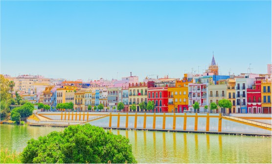 Vista desde la costa del Guadalquivir hacia el barrio de Triana en Sevilla, en la que se ve el frontal de muchas viviendas de colores intensos bordeando la orilla del río. Es un día soleado en la que el agua del río tiene tonos verdosos. Al fondo se ve el campanario de una iglesia que sobre sale de entre los edificios. 