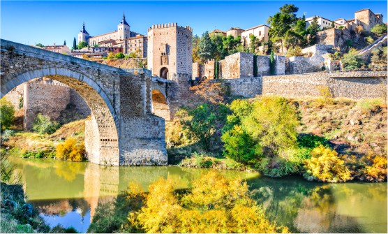 Panorámica de la ciudad de Toledo con vistas al Alcázar y al Puente de Alcántara. La imagen está tomada desde la orilla del río con el agua en tonos verdes y rodeada por vegetación en diferentes tonalidades amarillentas, verdes y rojizas. 