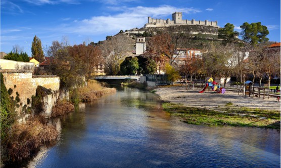 Vista panorámica del castillo de Peñafiel tomada desde la orilla del río en la que se ve un puente y un parque infantil situado en una zona ajardinada con árboles y arena en el suelo. Sobre este y en lo alto de una colina se encuentra el castillo de Peñafiel del que podemos ver sus murallas y una torre fortificada. 