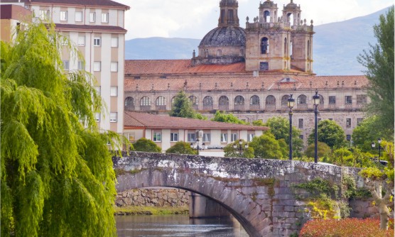 Imagen del antiguo puente de piedra que cruza el río con aguas en tonos gris oscuro y plateado y una hilera de patos que lo cruza nadando. El río está rodeado de zonas verdes, destacando las ramas repletas de hojas verdes de un sauce llorón que caen sobre el río. Al fondo de la imagen se ve el monasterio, un gran edificio con dos torres y una gran cúpula en el centro. 