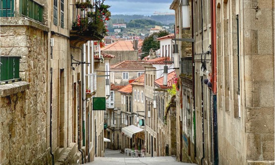 Vista aérea de una calle estrecha y cuesta abajo de la ciudad de Pontevedra en la que se ven edificios con los ventanales verticales, balcones con flores e invernaderos. También se ven los tejados y fachadas de las casas más bajas, así como las montañas con casas al fondo. 