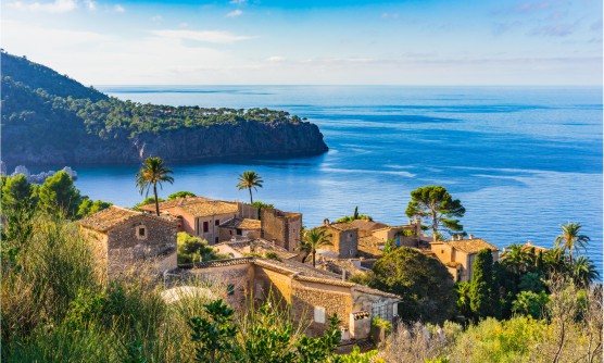 Pequeño y pintoresco pueblo de la Sierra de Tramuntana con vistas al Mar y a la Sierra. En la imagen se ven casas empedradas con dos altas palmeras que sobre salen de entre las viviendas. Sobre los acantilados se ve una zona arbolada. El mar es de un azul intenso totalmente en calma. 