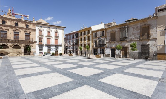 Histórica plaza de España de la ciudad de Lorca. Una extensa superficie de losas cubre el suelo de la plaza formando una cuadrícula de cuadros blancos y anchos bordes gris oscuro. Edificios señoriales sintonizan perfectamente con otros nuevos o restaurados. Unos pocos árboles jóvenes todavía no dan suficiente sombra para cubrirse del intenso sol. 