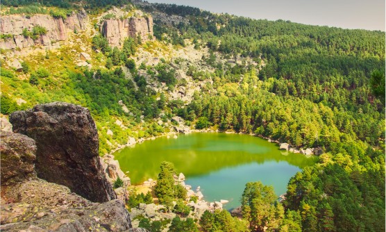 Imagen del Parque Natural Laguna Negra, una laguna que en la imagen tiene tonos verdes por el reflejo de los árboles que la rodean. La laguna está rodeada por una gran espesura de árboles y grandes precipicios de roca. 