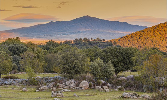 Puesta de sol sobre las montañas de la Sierra de Guadarrama en la que podemos ver una zona con prados verdes separados entre sí por muros de piedra. Detrás de estos hay una zona arbolada en tonos verdes y otra más amarillenta por la luz del sol que sube por una colina. Al fondo de la imagen se puede ver una meseta y junto a ella más montañas salpicadas por algunas casas.  