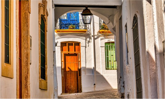 Calle estrecha en el pintoresco pueblo de Níjar. Se pueden ver casas encaladas unidas creando un puente que cruza la calle. En este hay un balcón con el marco azul y al fondo de la imagen se puede ver otra ventana azul y otra verde que resalta sobre el blanco de las casas decoradas con plantas.
