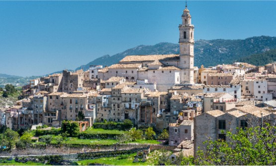 Fotografía de la localidad de Bocairent. Una imagen panorámica de la localidad que se eleva sobre un montículo con edificios y casas de color blanco o en tonos claros que resaltan sobre las zonas de color verde intenso. En la zona más elevada emerge su iglesia con un alto campanario y al fondo las montañas.