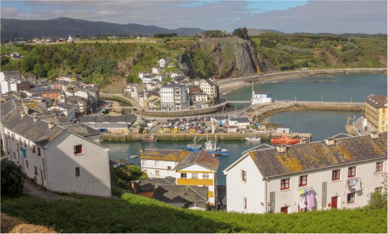 Vista panorámica del pueblo de Luarca, situada a en la ladera de los acantilados en la que se ven edificios con tejados de tejas grises y un pequeño puerto. Detrás del puerto se sitúa una playa bordeada por acantilados verdes. 